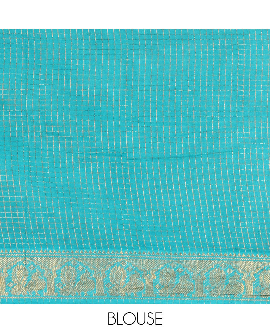 Blue and Rama Blue Sungudi Cotton Saree, Subtly Sparkled with Checks on Its Body, Complemented by a Contrast Temple Border of Peacock Motifs, Pallu Steeped with Stripes, and Paired with a Contrast Blouse