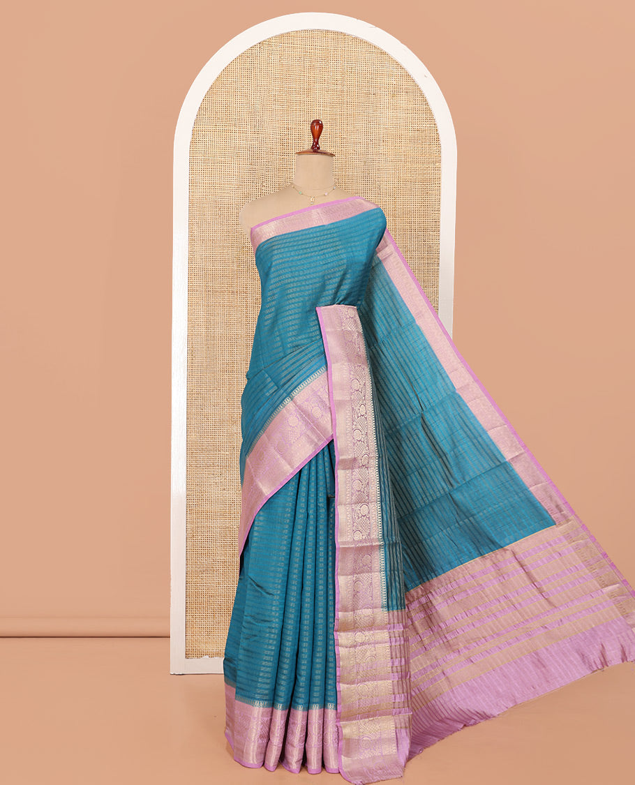 Blue Semi-Banarasi Dupion Saree, Beautified with Stripes, a Contrast Floral Creeper Zari Border, Striped Pallu, and a Contrast Blouse