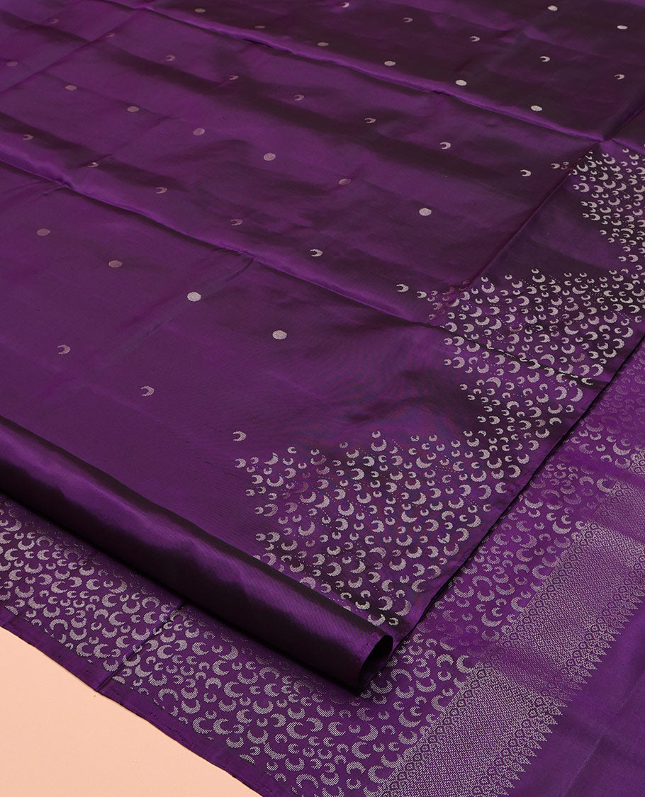 Violet Mayuri Soft Silk Saree, Mesmerized with Moon Buttas, Highlighted by a Moon Design Border, Pallu Steeped with Moon Designs, and a Matching Blouse