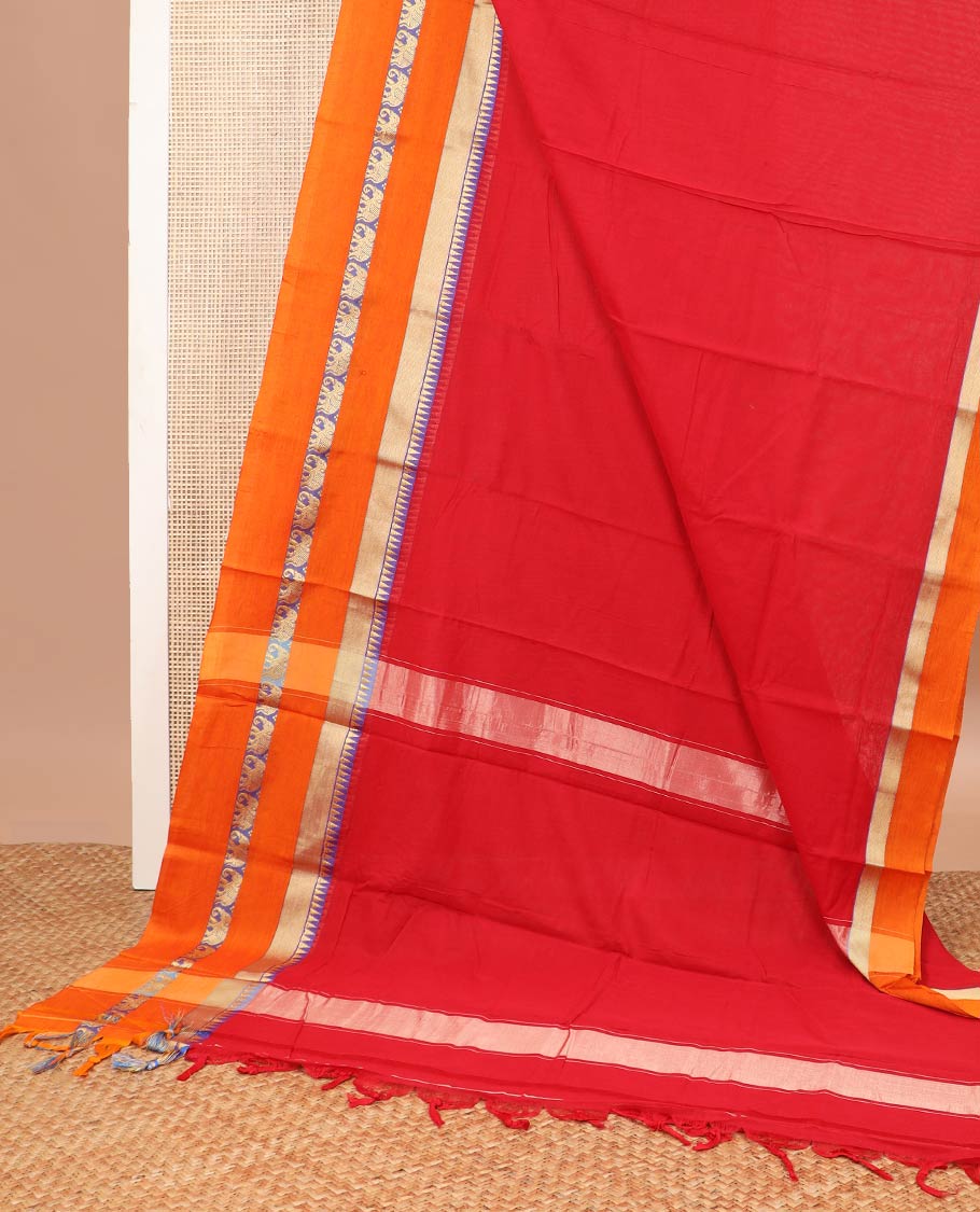 Red narayanapet cotton saree with contrast temple elephant design border & bhavanji pallu