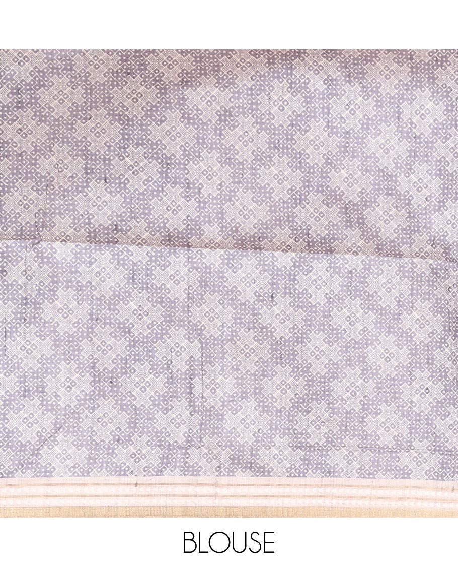Grey geometrical block print fancy tussar saree with zari diamond thread woven border & block print pallu along with printed blouse