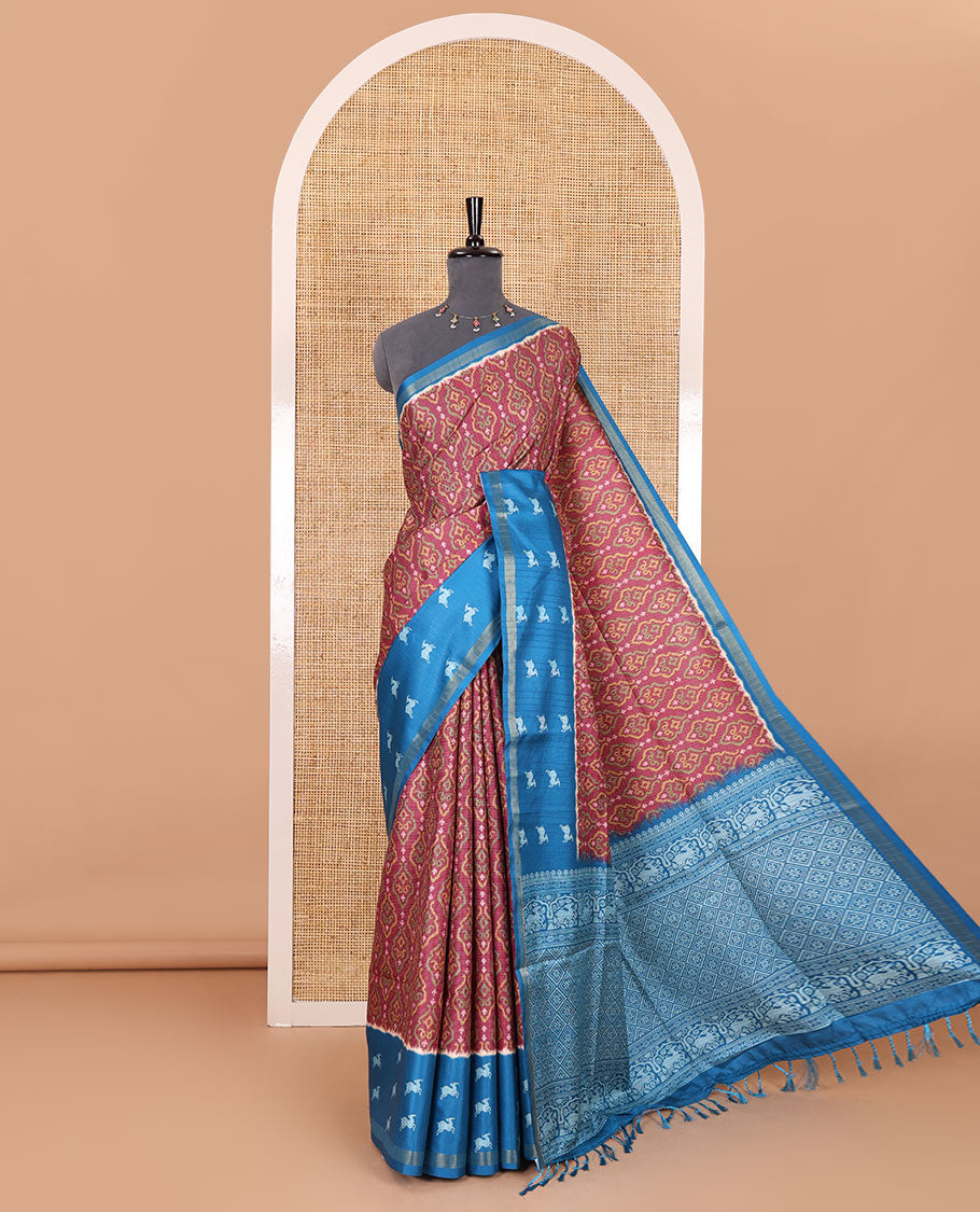 Purple Pochampally ikkat printed katan silk saree, contrast deer motifs printed zari border, jaal printed pallu, and contrast deer motifs printed blouse