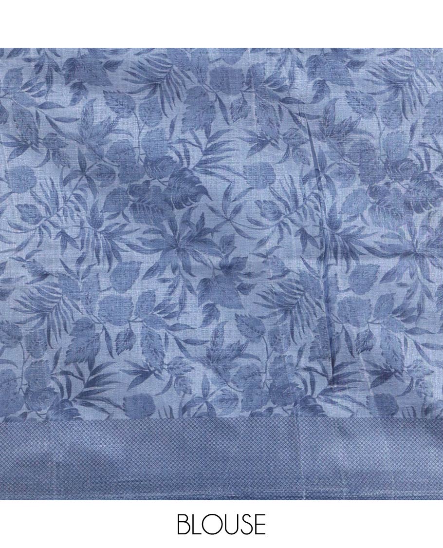 White tropical floral printed khadi cotton saree,contrast blue printed border,floral-geometric printed pallu & tropical floral print blouse