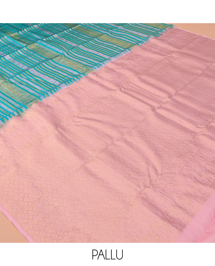 Blue Traditional Designs Vasundhara Lite Silk Mix Saree, a Annam-Chakram Border, Contrast Jaal Pallu, a Contrast Blouse