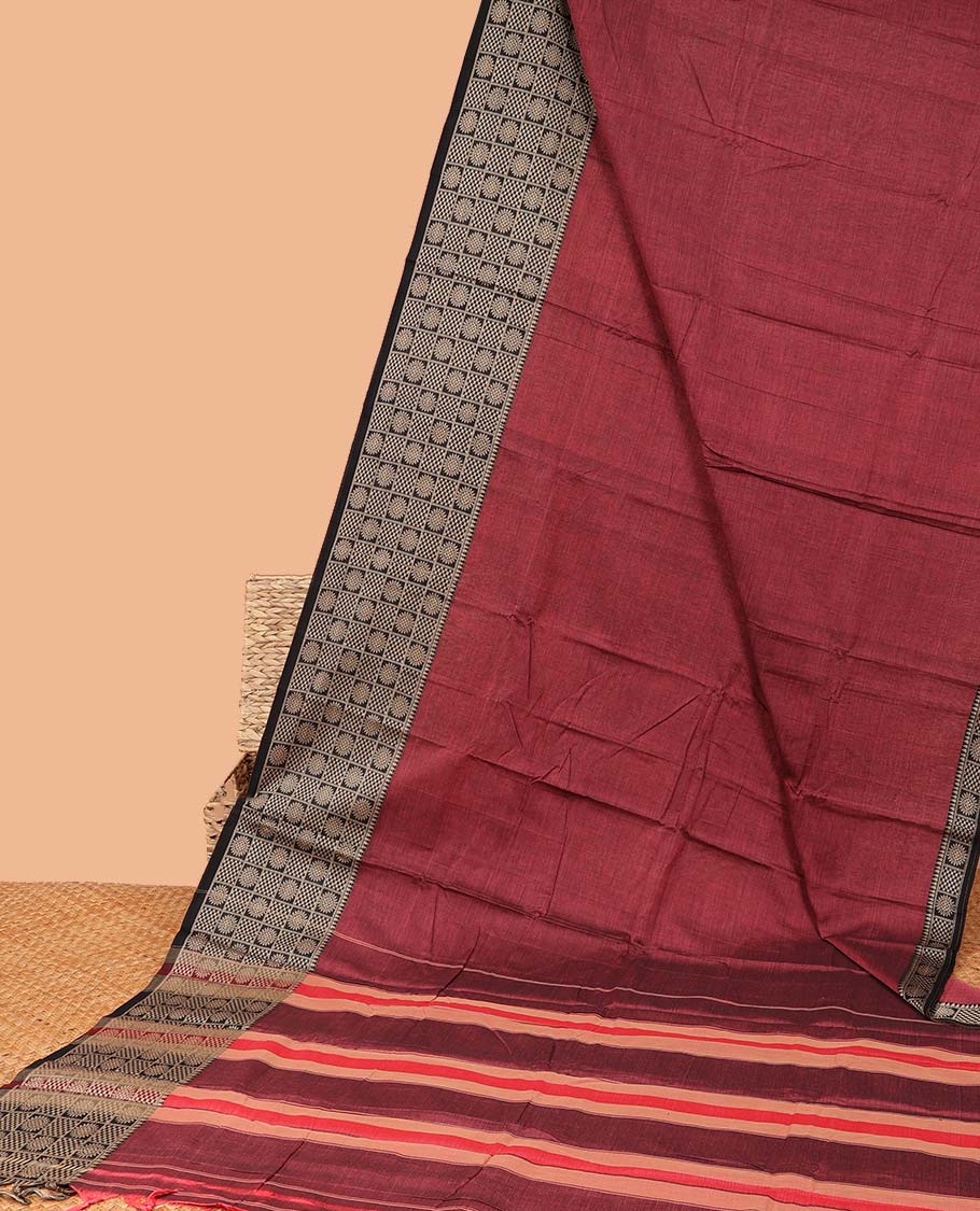 Red plain design Narayanapet cotton saree, contrast chakram and bentex design border & striped pallu