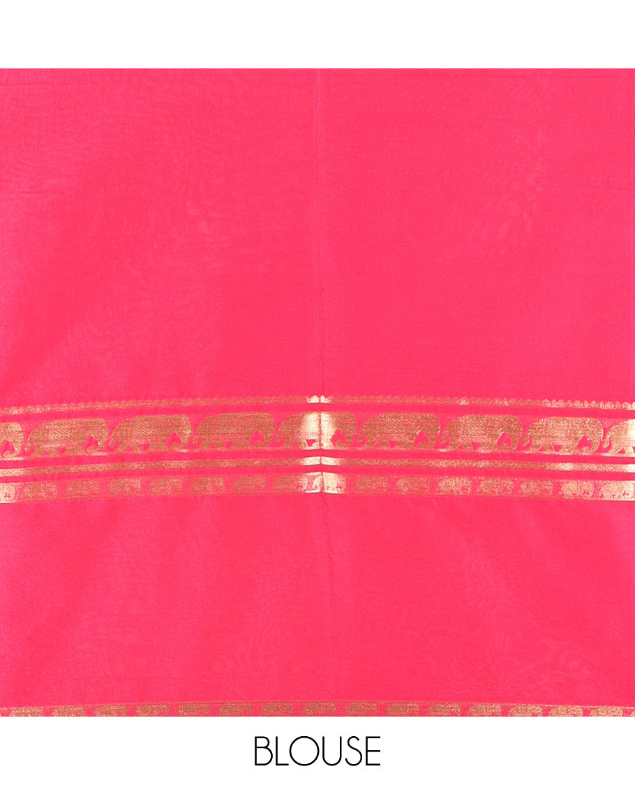 Blue Plain Art Mysore Silk Saree, Complemented by Captivating Contrast Rettai Pettu Traditional Border of Elephant Zari Buttas, Striped Pallu and Paired with a Contrast Blouse