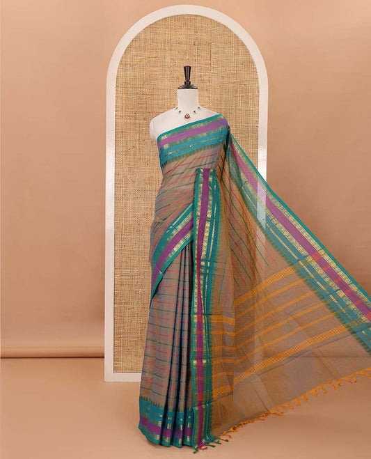 Beige thread veldhari striped Chettinad cotton saree, contrast rettai pettu traditional zari border, striped pallu & blouse of zari border