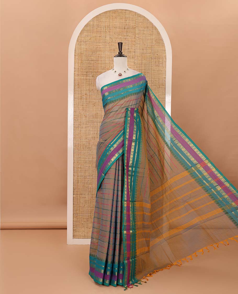 Beige thread veldhari striped Chettinad cotton saree, contrast rettai pettu traditional zari border, striped pallu & blouse of zari border