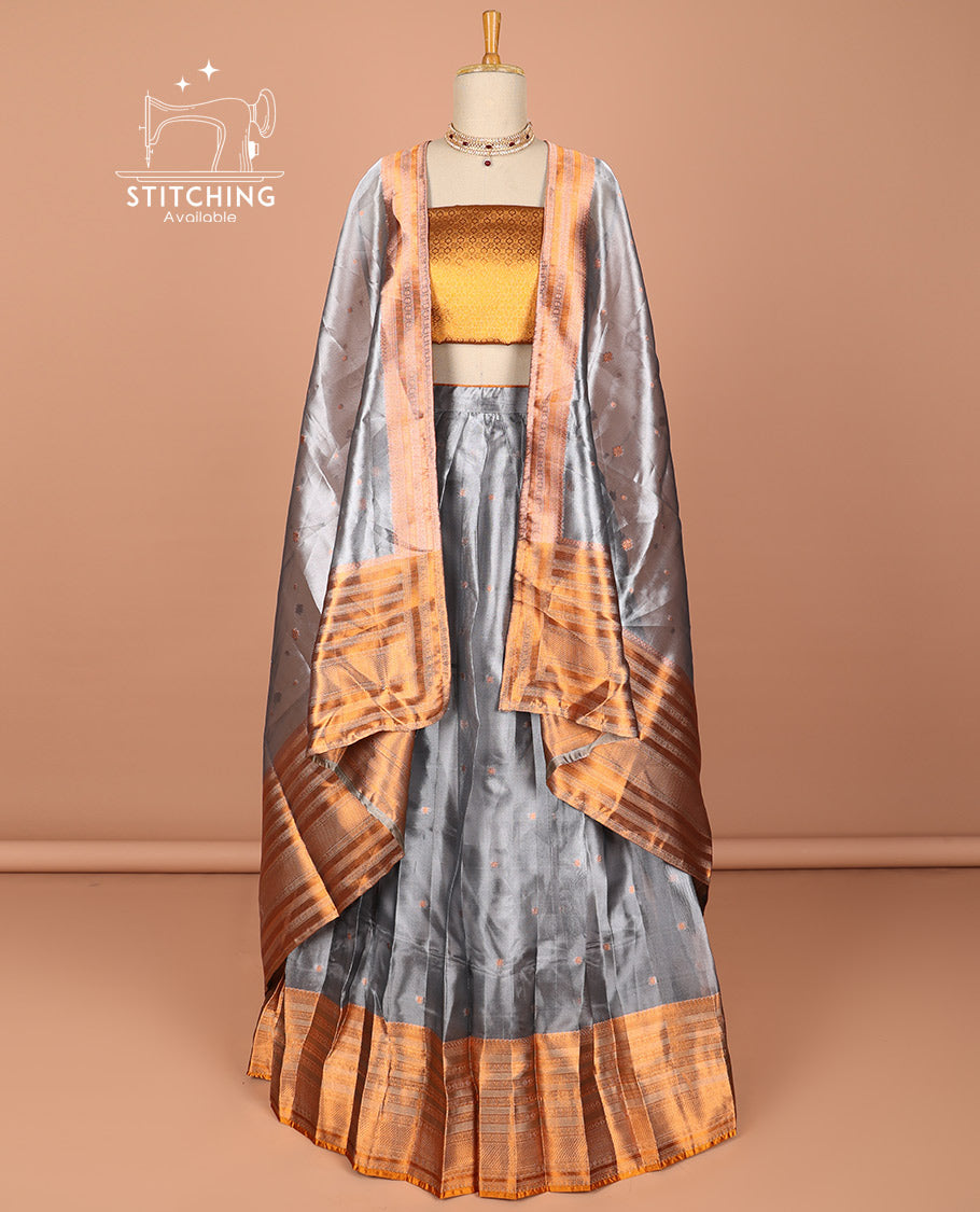 Grey buttas half saree with contrast sriped border, zari design border & intricate zari dhavani