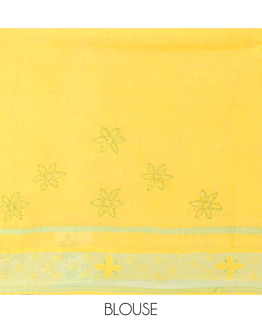 Yellow all-over floral thread embroidery chikankari cotton saree with contrast embroidery border
