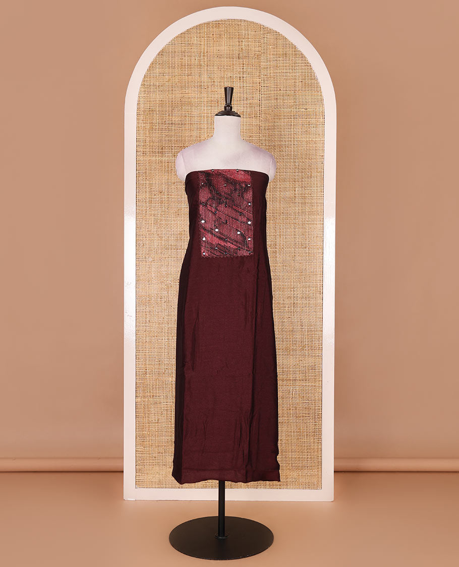 Magenta material chudidar set, abstract printed with mirrorwork vichitra silk top, santoon bottom, and abstract printed shimmer georgette dupatta