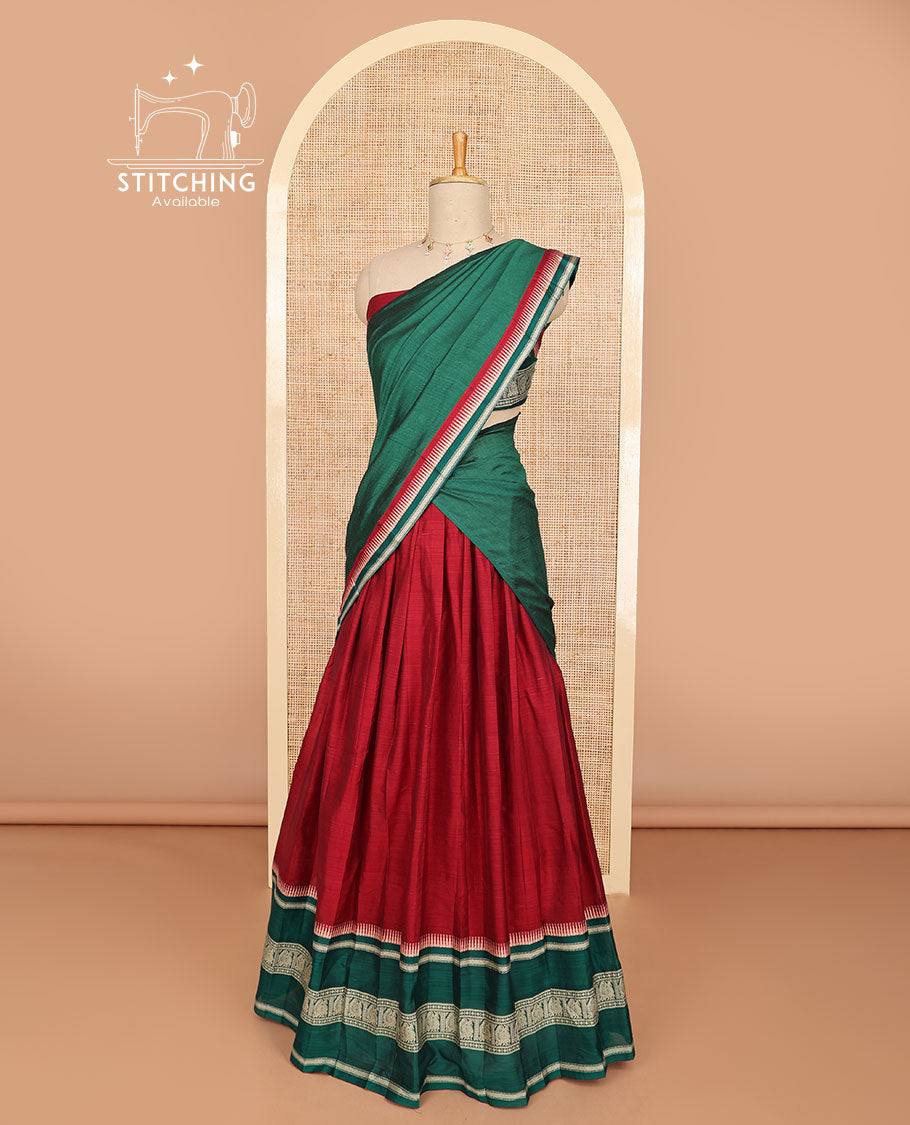 Red cotton half saree with contrast zari design border, zari design blouse & plain, intricate zari design border dhavani
