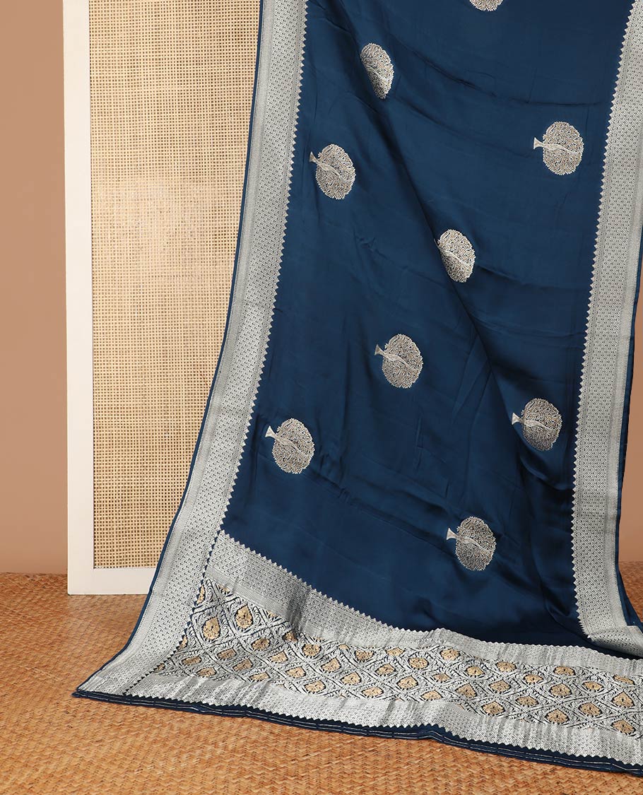 dark blue tree motifs dola silk saree with self intricate zari design border & floral jaal design pallu