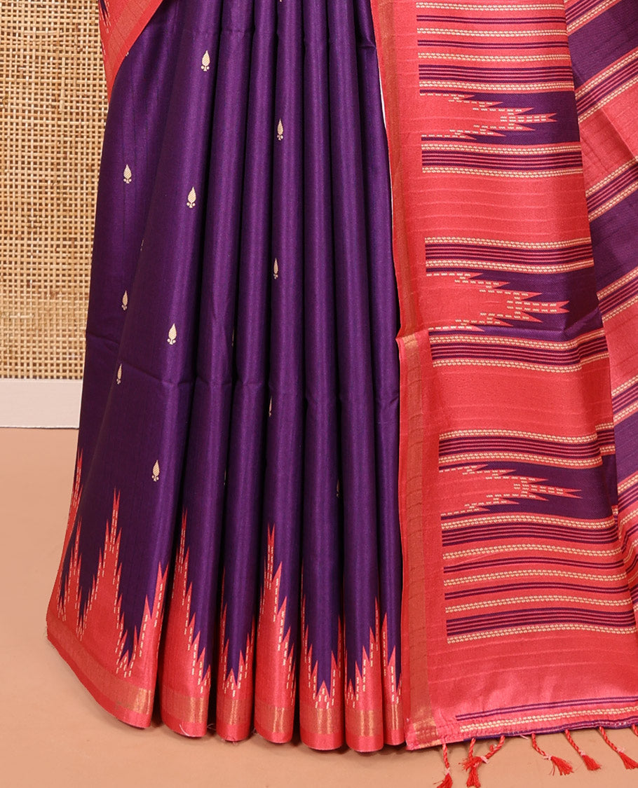 Purple Kathan Silk Saree Adorned with Buttas, Contrast Temple Border, Temple pallu, and Striped Blouse