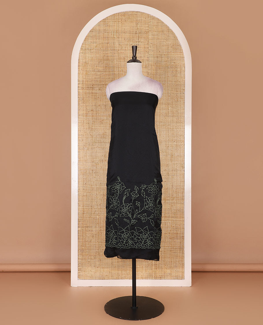 Black and green organza material churidar set, Lucknowi chikankari floral vine embroidery top, plain bottom, and contrast floral embroidery dupatta