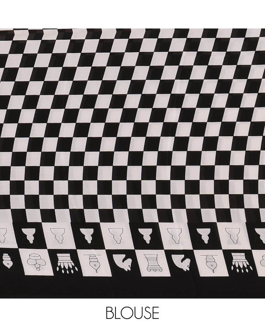 Black with white chess board mil printed crepe saree with self plain border