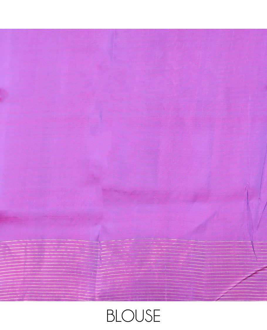 Blue leaf motifs semi-soft silk saree with contrast striped border & striped , floral motifs pallu