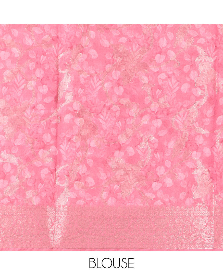 Pink digital floral print with copper zari weaving design semi dupion silk saree , contrast zari jacqaurd border & contrast weaving rich pallu, printed blouse