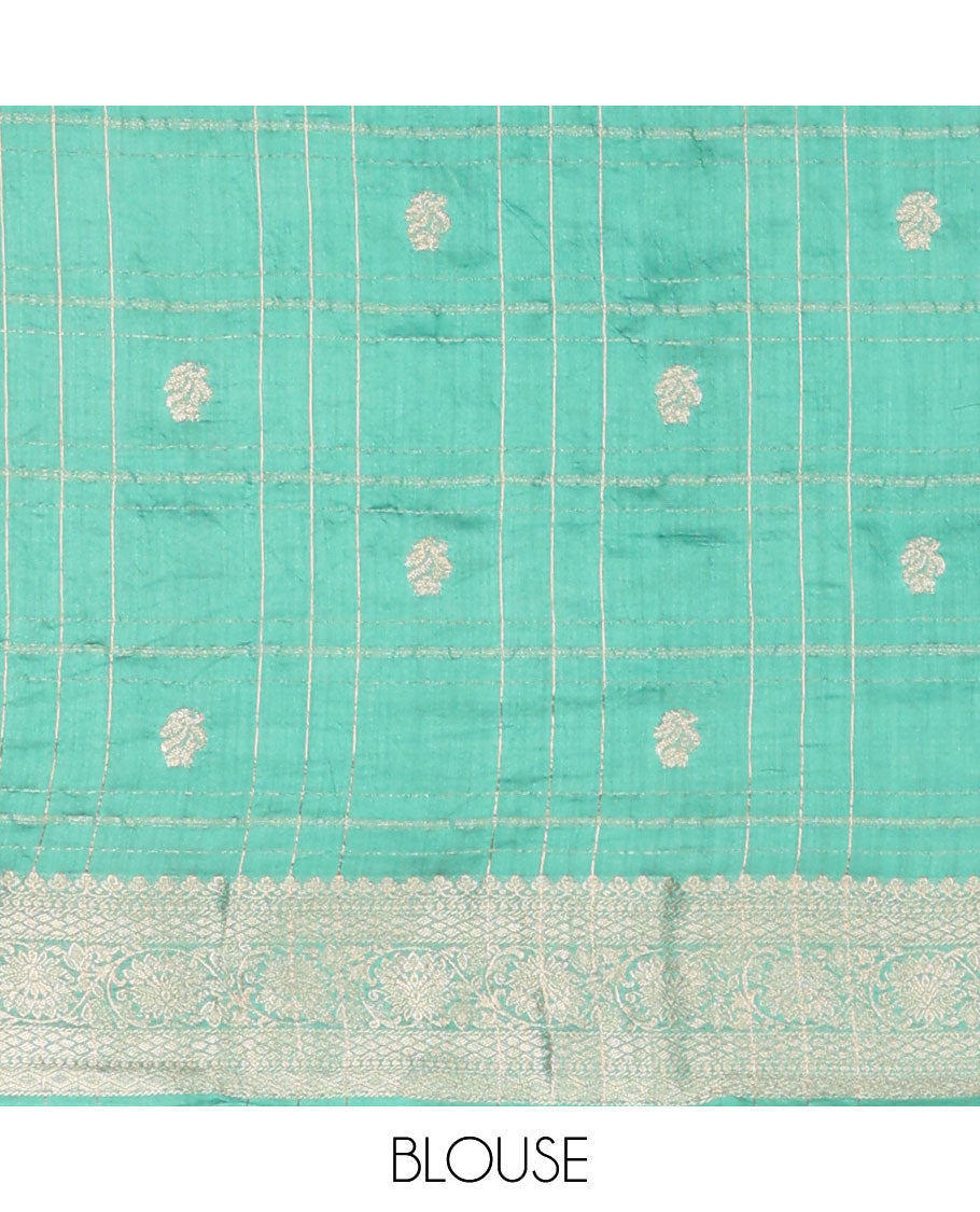 Aqua green zari checks dola viscose saree with contrast border & chit pallu along with zari checks, butta design blouse