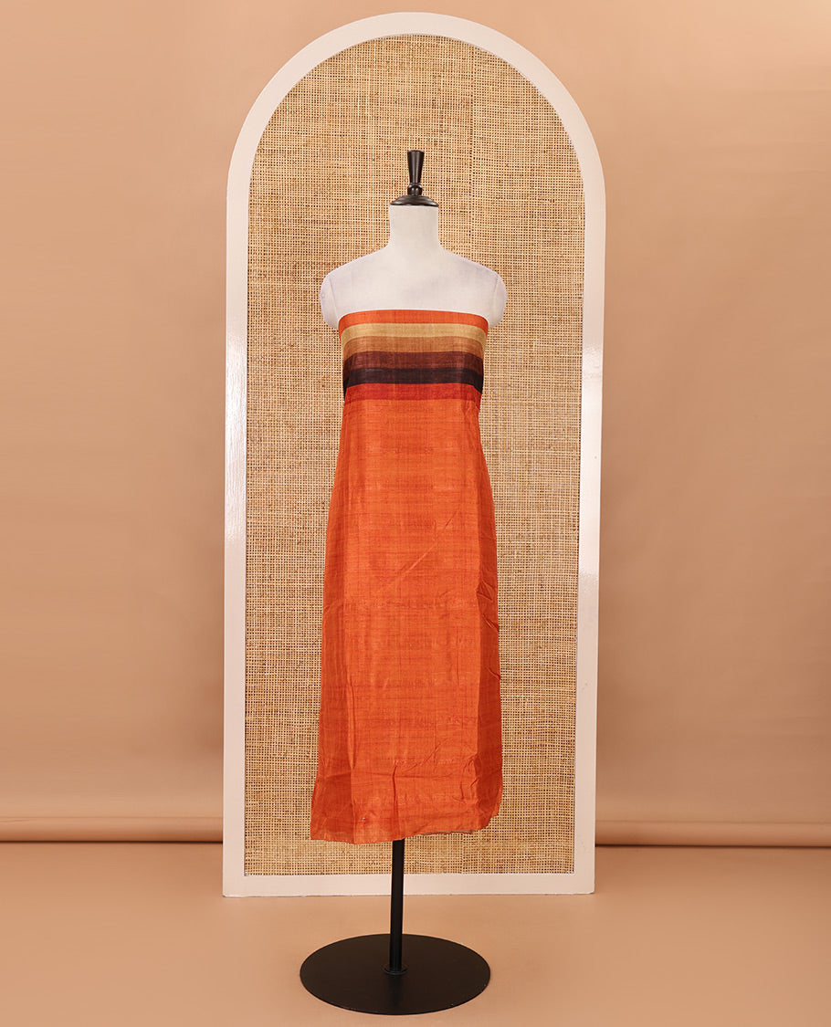Burnt orange material chudidar set, horizontal ombre striped semi-tussar top, plain santoon bottom & horizontal ombre striped dupatta with tassels