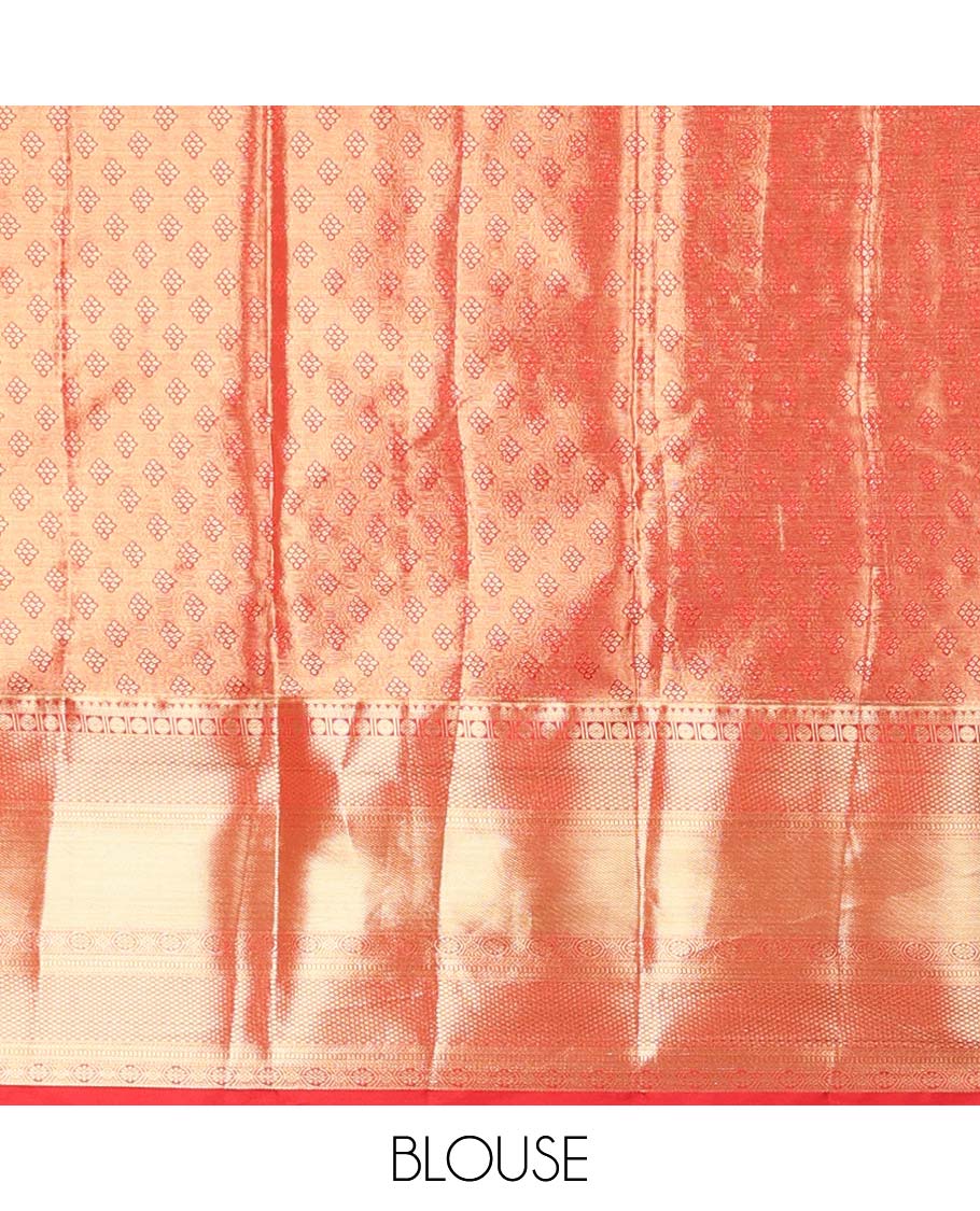 Peach peacock buttas budget silk saree with contrast intricate zari design border & floral zari design pallu