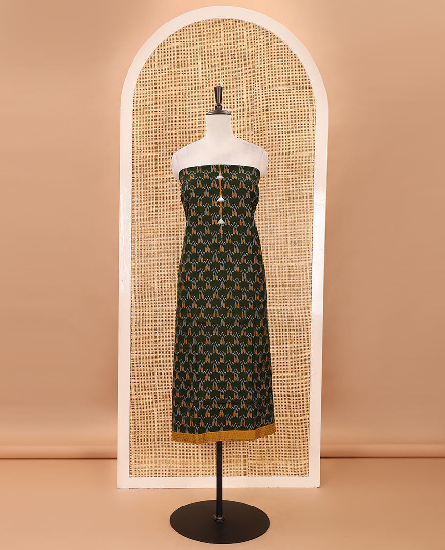 Green-mustard flex cotton material chudidar set, ikkat printed & oxidised charm woven top, contrast bottom & negative printed dupatta