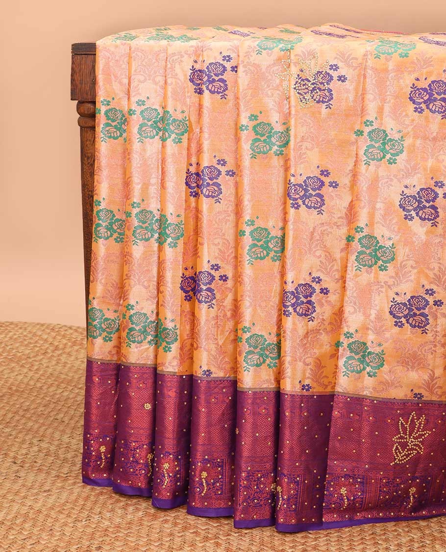 Orange vastrakala silk saree floral design with contrast floral, stone work border & floral design in stone work pallu