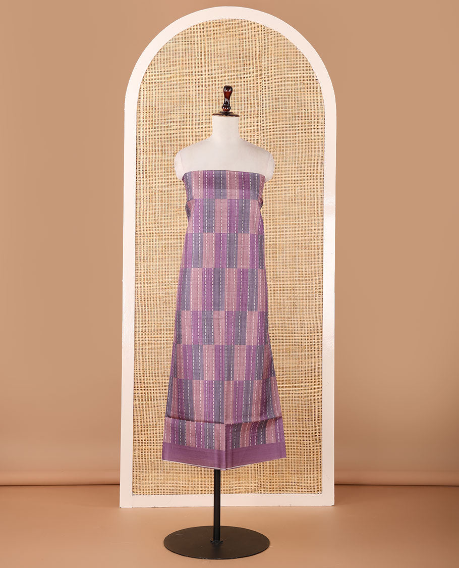 Purple semi-tussar material chudidar set,geometric & kantha print top,heathered plain bottom & dupatta of geometric & floral print