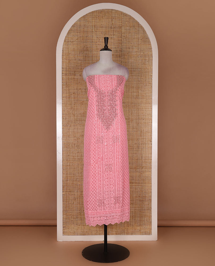 Dark peach material churidar set, stone work with Schiffli style embroidered georgette top, American Crape bottom, and polka dotted printed mirror work dupatta