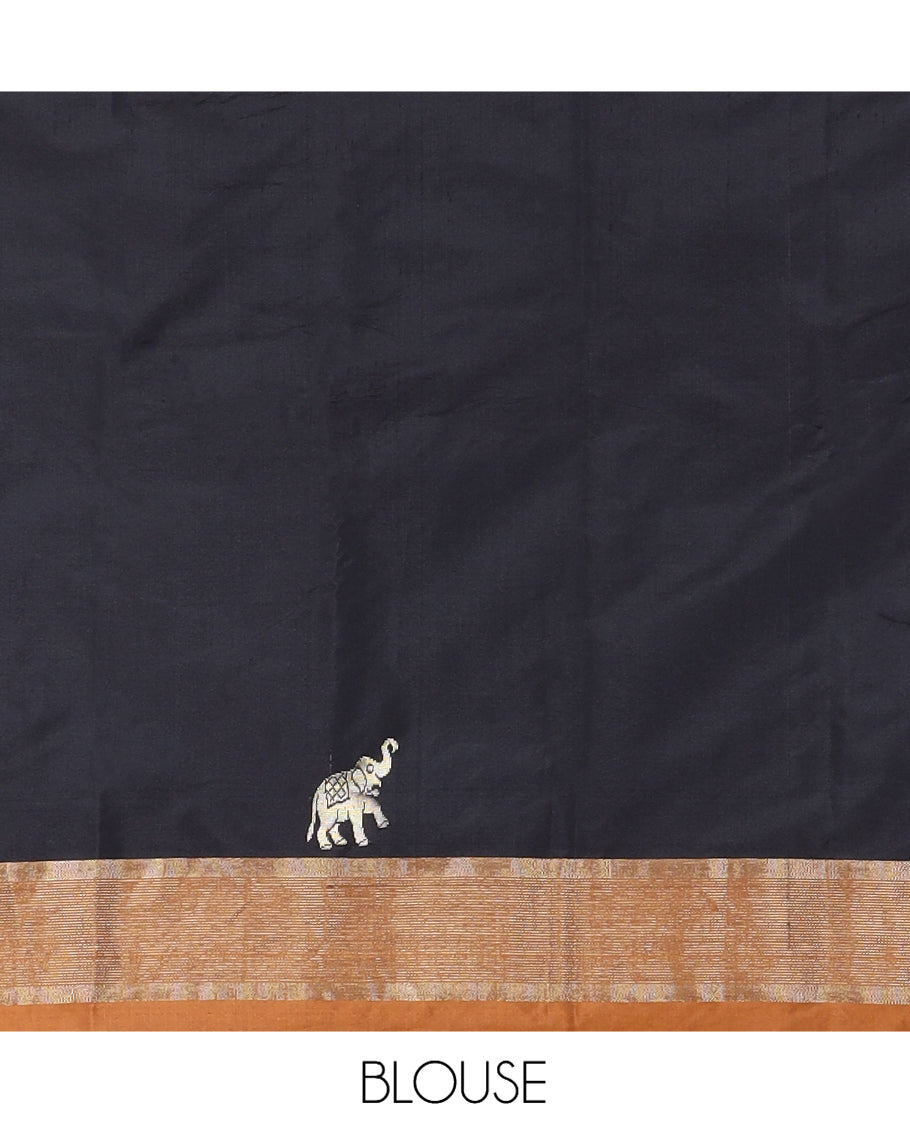 Black Semi-Soft Silk Saree Features Dobby and Elephant Buttas, a Contrast Border, and Matching Blouse
