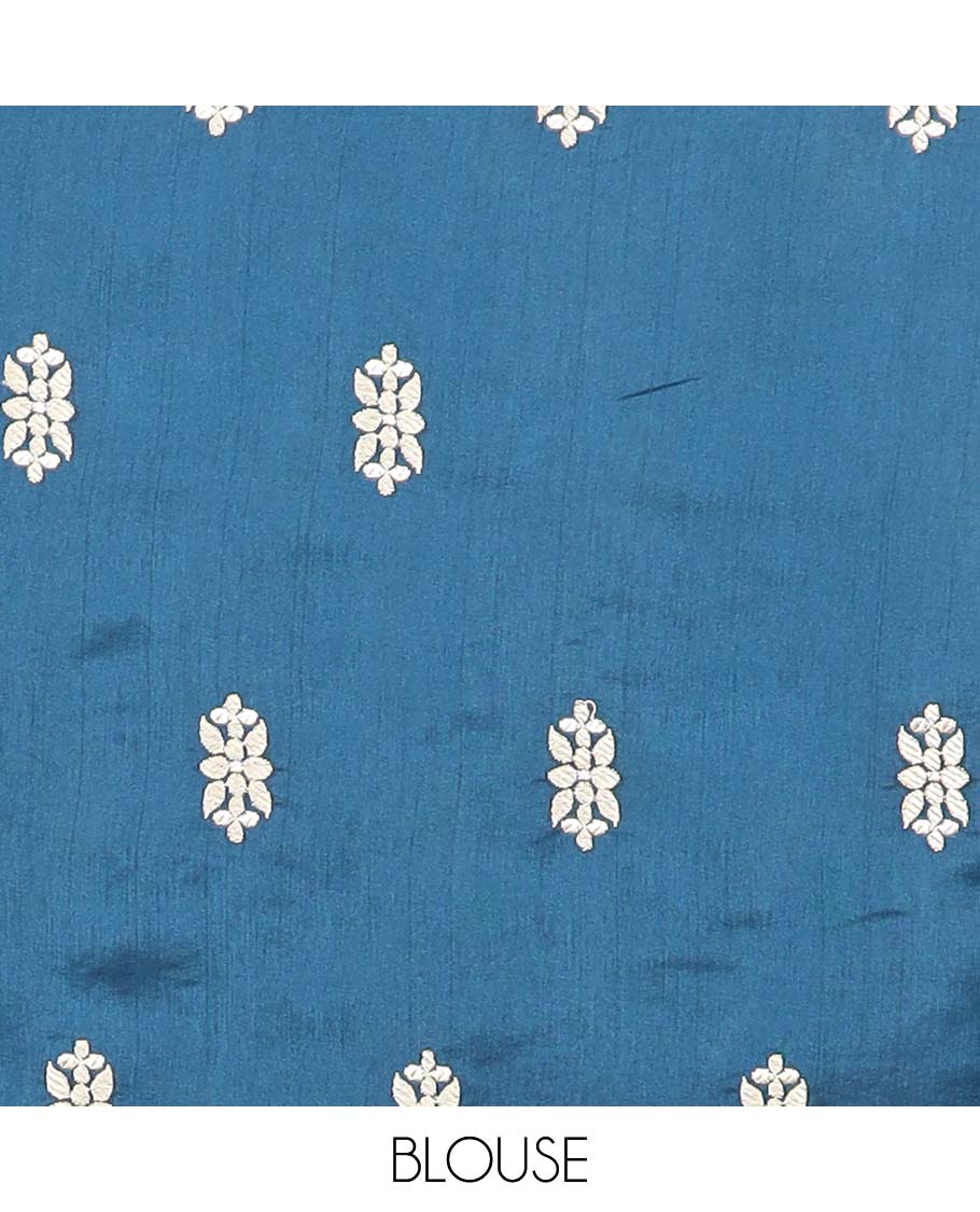 Blue floral motifs semi-banaras tussar saree with self pichwai border & zari design pallu