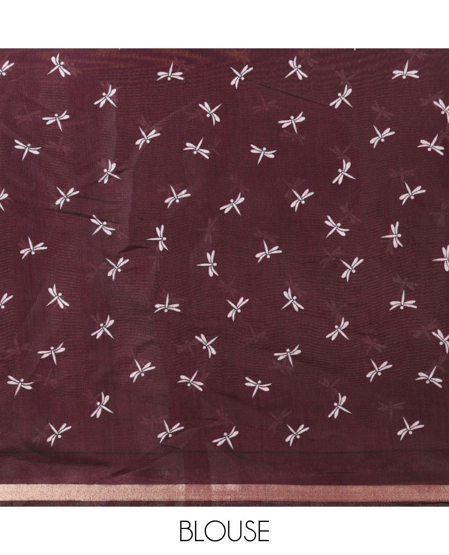 Pink drangon fly, creane digital print muslin cotton saree with zari border & printed pallu along with dragon fly printed blouse