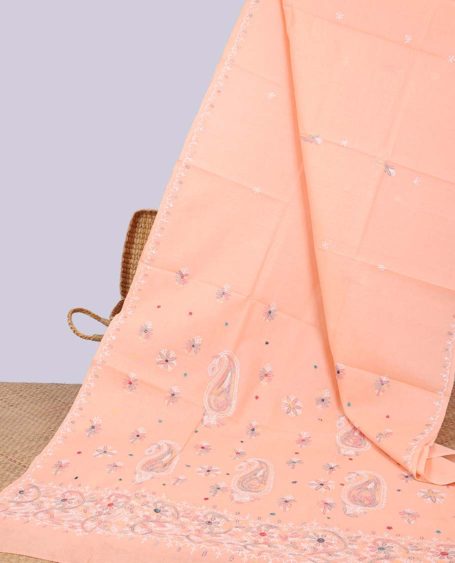 Orange floral embroidery lucknowi chikankari cotton saree,self-border & pallu of floral & paisley embroidery