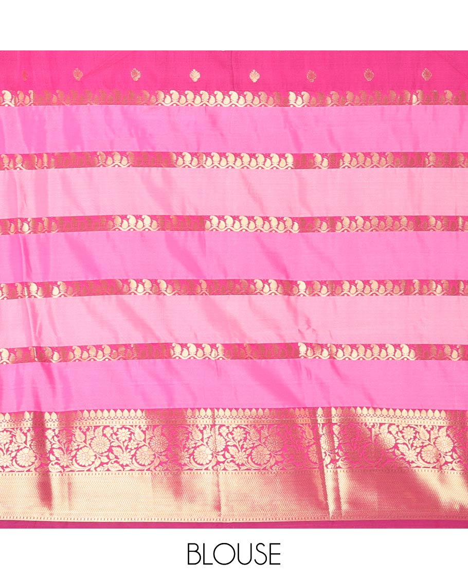 Pink Semi-Katan Silk Saree, Adorned with Zari Designs, Contrast Floral Creeper Border, Self-Pallu, and Matching Blouse