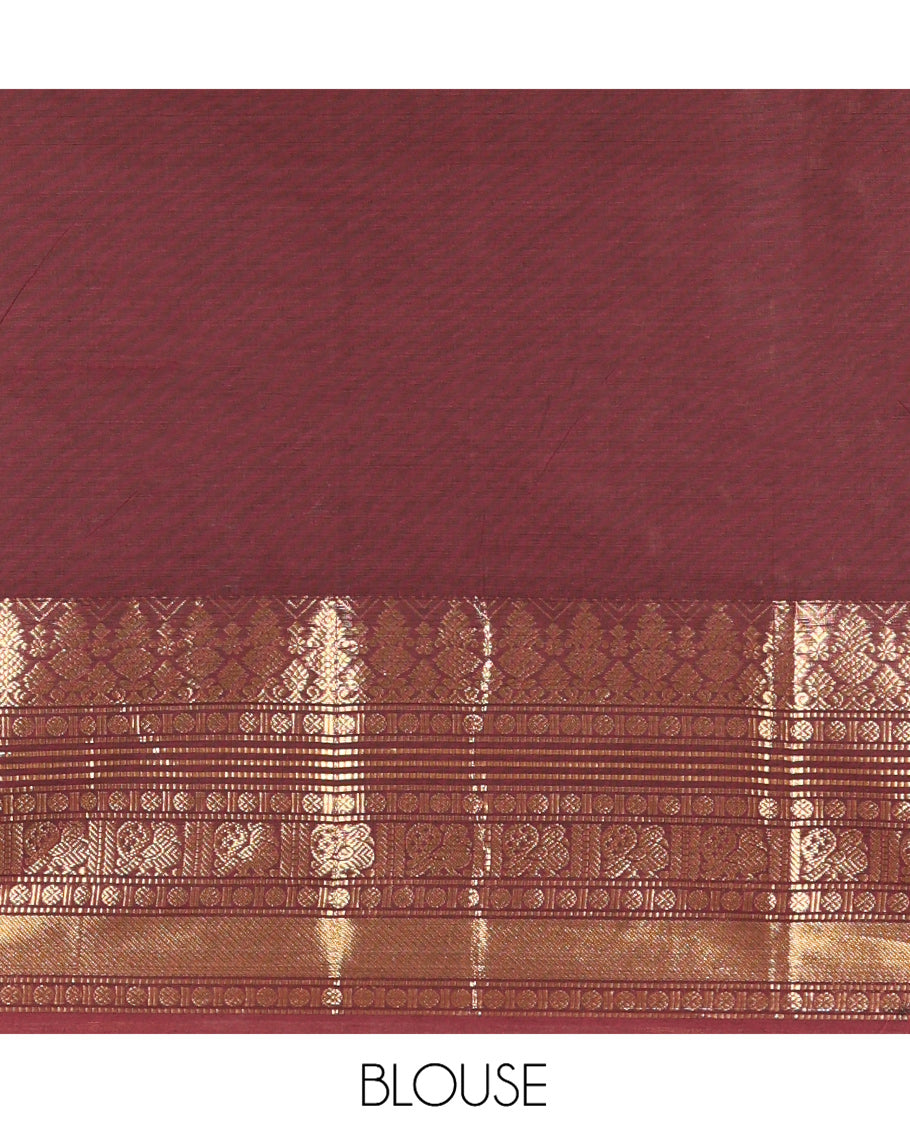 Coffee Brown Plain Chettinad Cotton Saree, Highlighted by Traditional Kanchi Border, Striped Pallu, a Matching Blouse