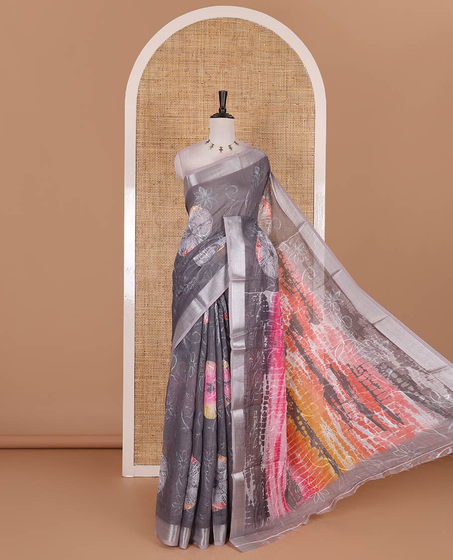 Grey shibori printed with thread floral vine embroidered linen cotton saree, contrast bavanji border, pallu, and blouse of shibori print with embroidery