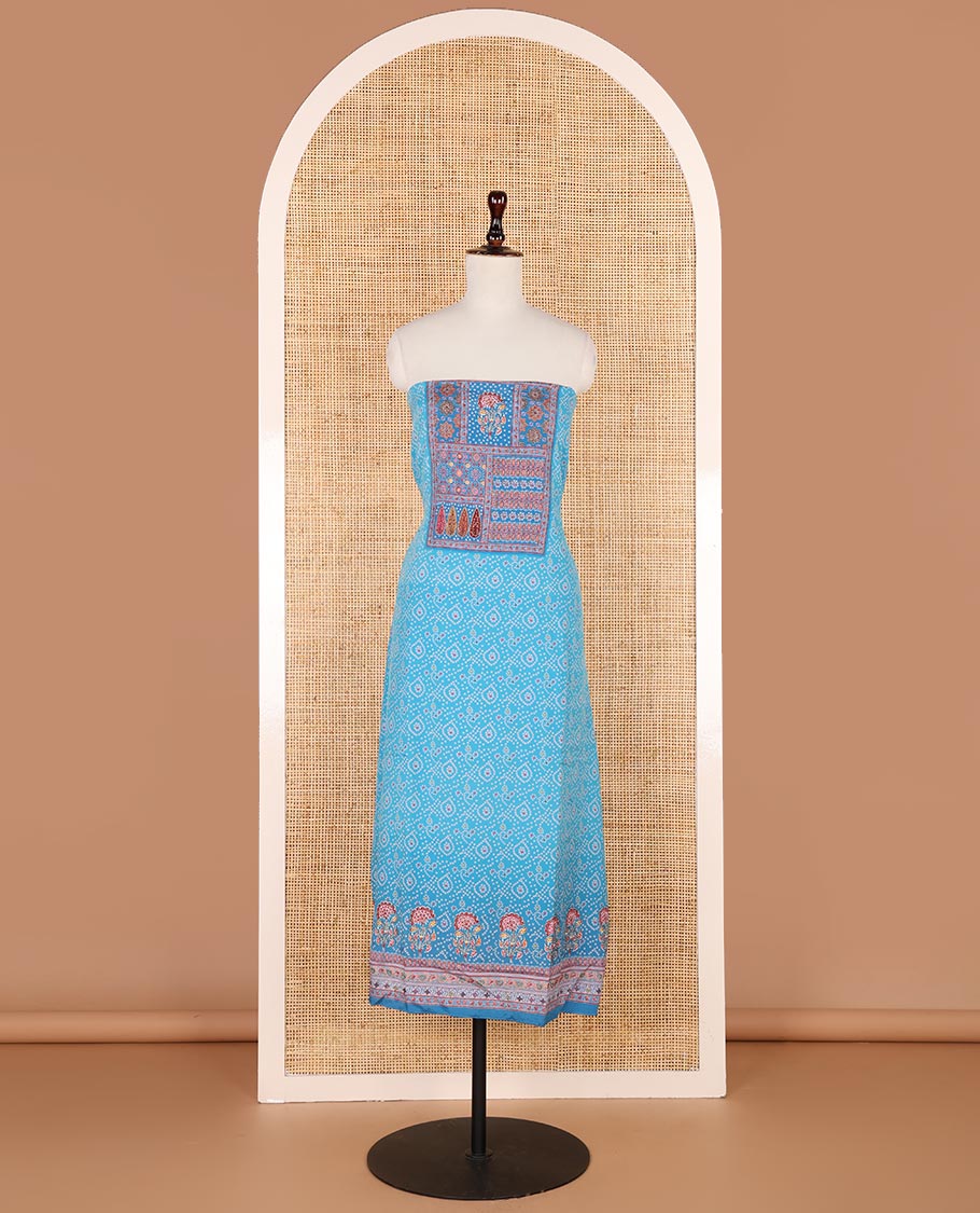 Blue bhandani print, floral design, swarovski work crepe chudidhar material top with american crepe pant & chinnon material bhandani print, swarovski work dupatta