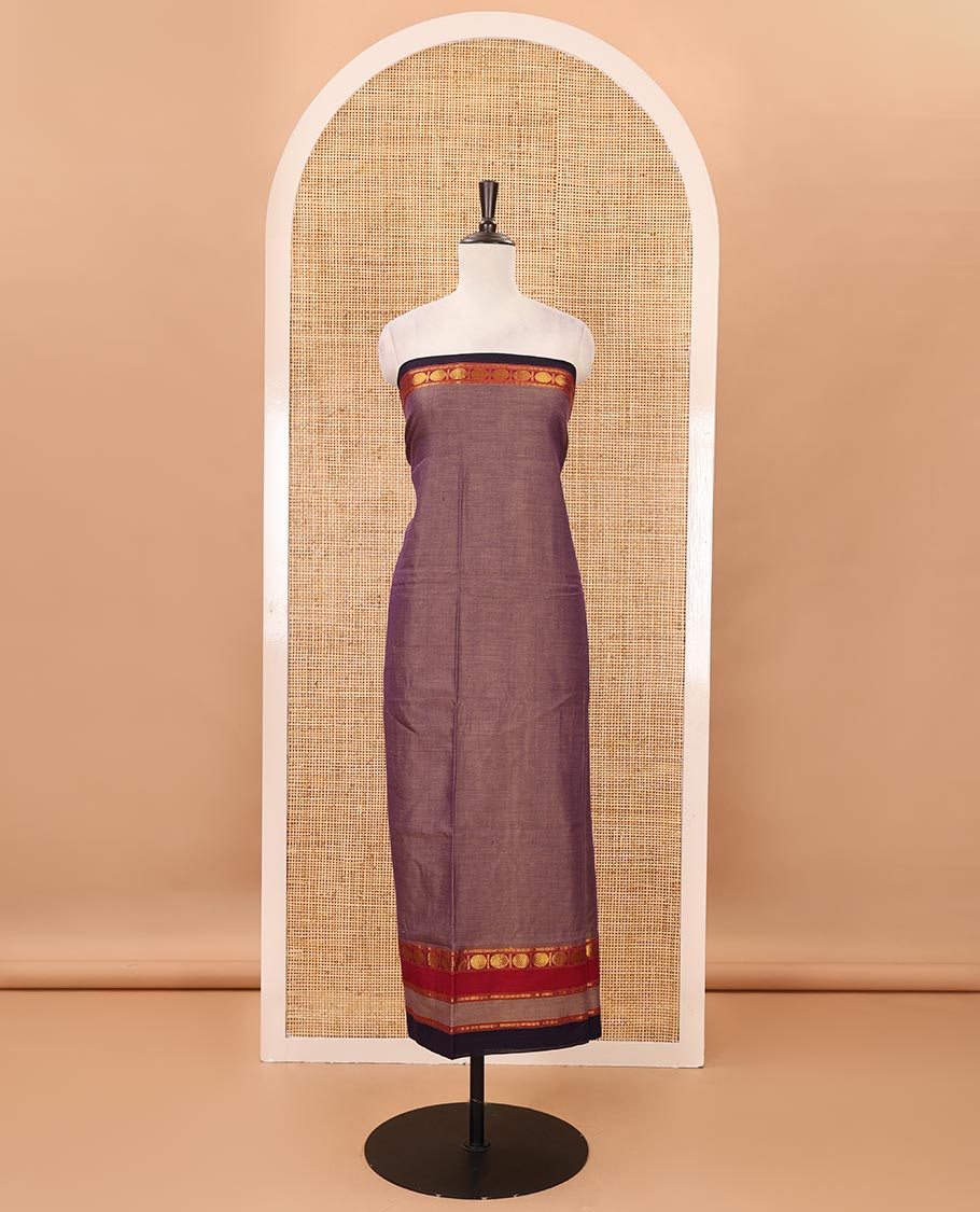 Lavender mercerized cotton material chudidar set,plain contrast traditional rudraksham border top,matching bottom & 2-sided rudraksham border dupatta