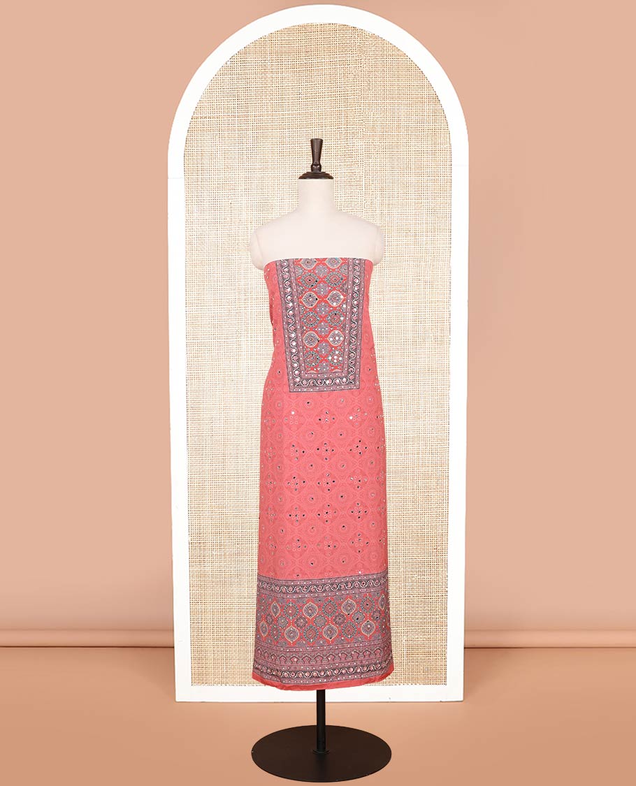 Peach jacquard, ajrakh print, mirror work crepe chudidhar material top with american crepe pant & chinnon ajrakh print, mirror work dupatta