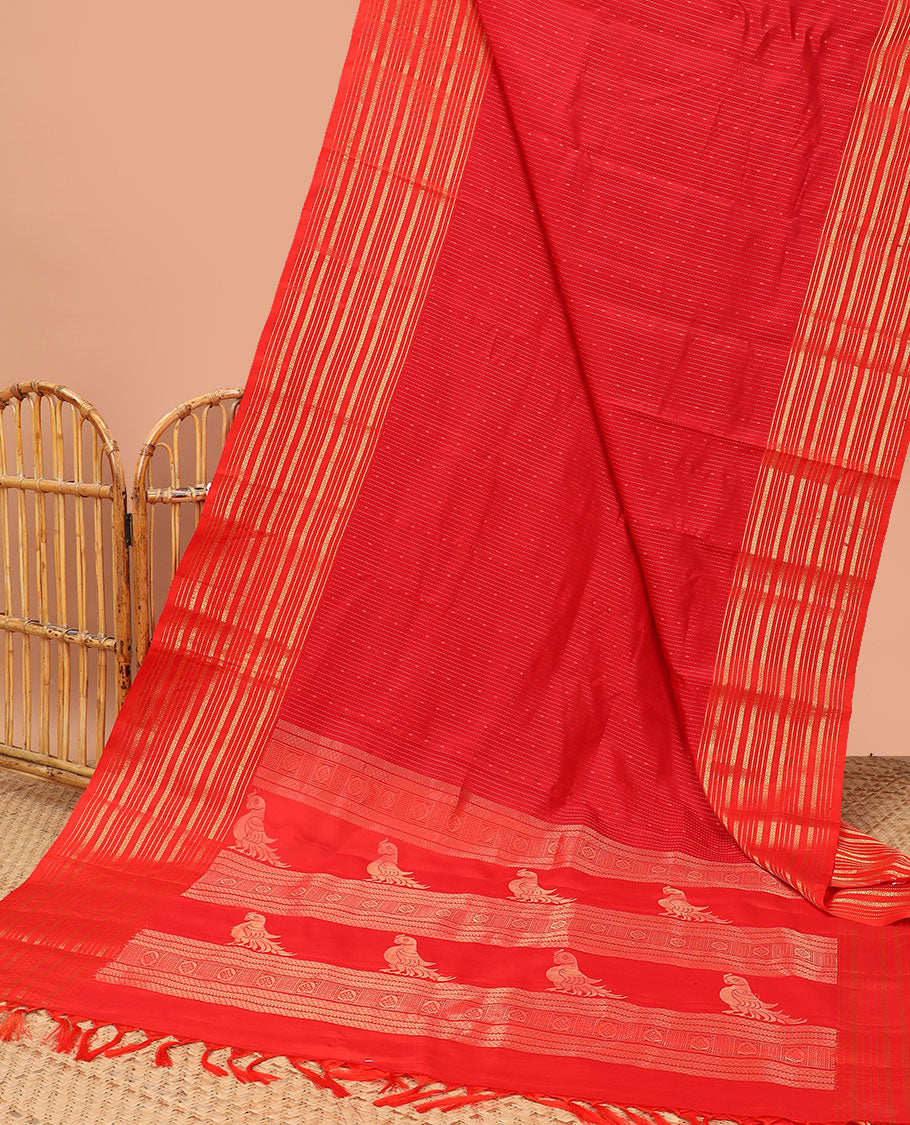 Red striped design mayuri soft silk saree with self traditional zari design border & intricate zari design pallu
