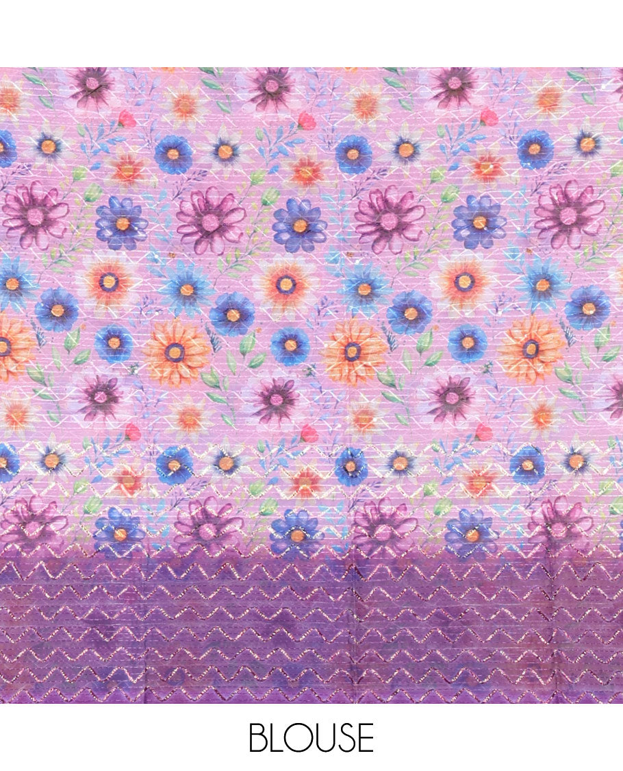 Borderless violet sparkling glitter russel net saree with self-pallu, and a contrast floral printed and zig-zag patterned blouse