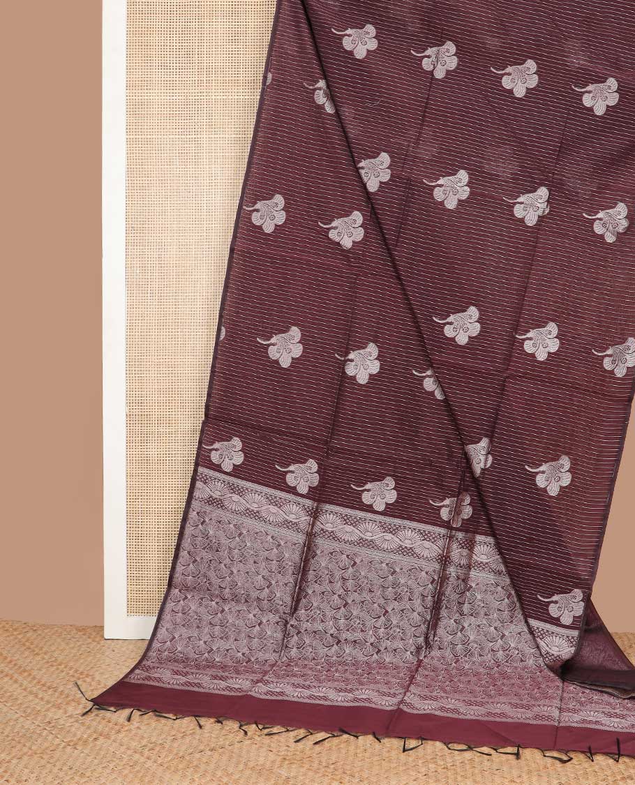 Brown striped, floral design semi silk saree with jaal design pallu