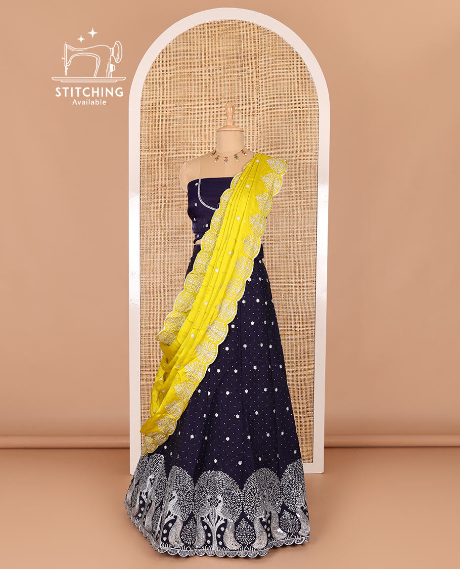 Violet half-saree, buttas, tree, and peacock motifs embroidered semi-taffeta silk top, matching blouse, and contrast scallop embroidered dhavani