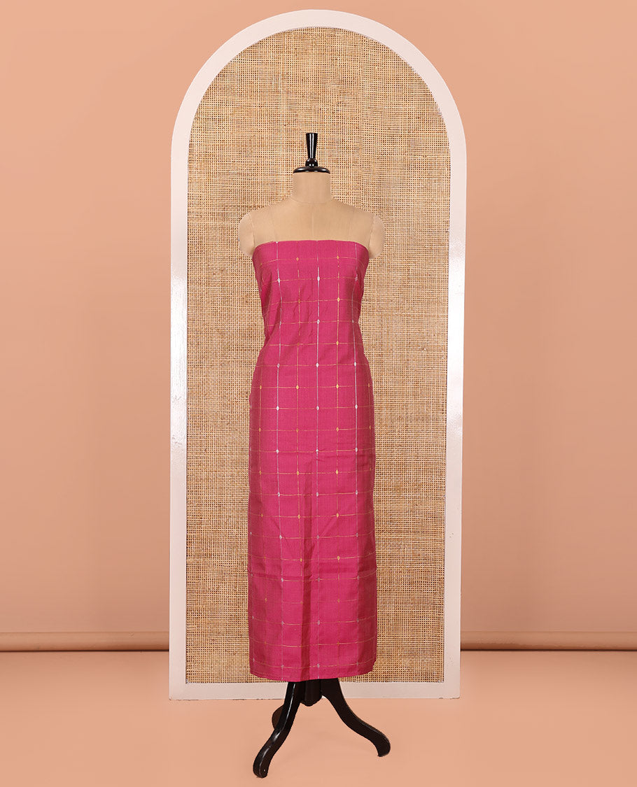 Pink Material Churidar Set, Elevated with Zari Checked Semi-Silk Top, Comes with a Contrast Plain Soft Cotton Bottom, and a Contrast Semi-Silk Dupatta, Pictures a Herd of Elephants