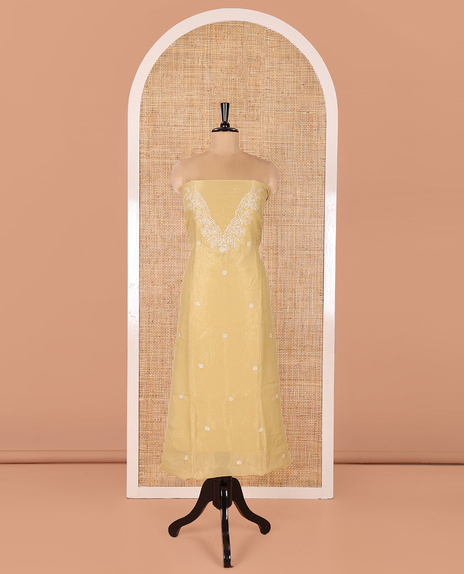 Gold Shimmer Georgette Material Chudidar Set, Gracefully Embellished with Floral Thread Embroidery on Its Top, a Plain Santoon Bottom, and Comes with a Floral Embroidered Shimmer Georgette Dupatta