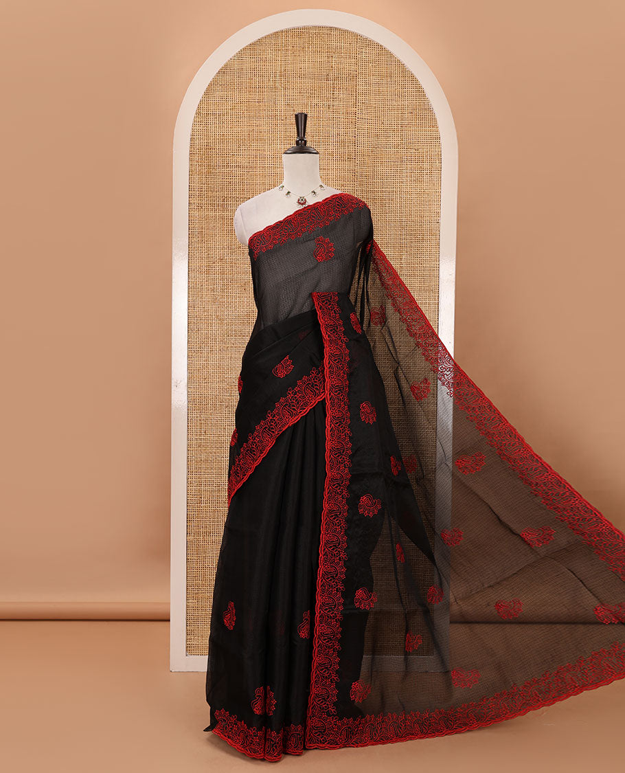 Black paisley motifs embroidered kota checks saree, paisley embroidered scallop border & embroidered pallu & matching thread embroidered blouse