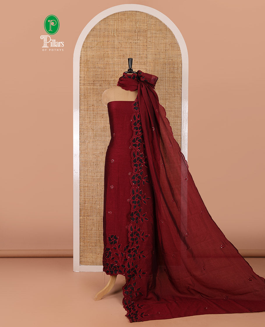 Maroon material chudidar set, sequins work with floral Aplic embroidered Vichitra silk top, matching bottom, and an embroidered dupatta