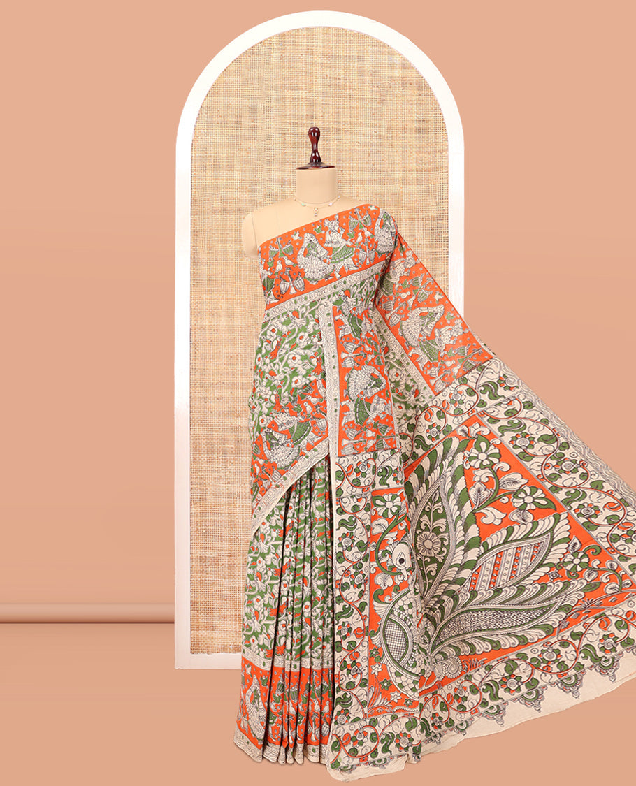 Multi-Color Kalamkari Cotton Saree, Graced Floral Vine Print, Contrast Printed Border, Kalamkari Peacock Motifs Pallu, and a Matching Blouse