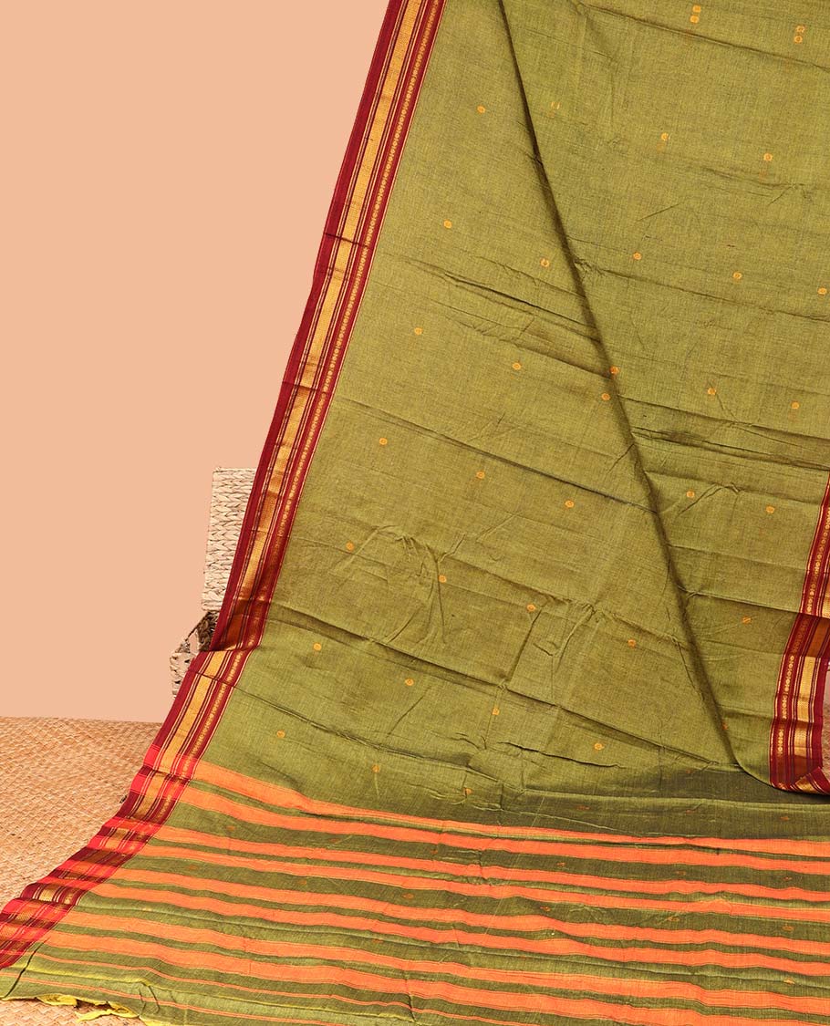 Green buttas Narayanapet cotton saree, contrast zari border & striped pallu