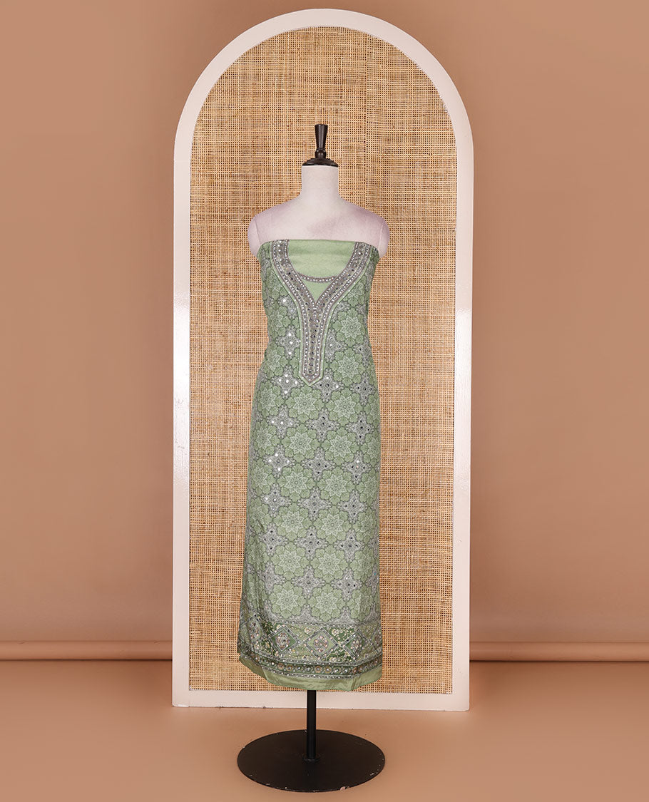 Green material chudidar set, intricately printed with original mirror work crepe top, Italian crepe bottom, and chinon digital print, mirror work dupatta